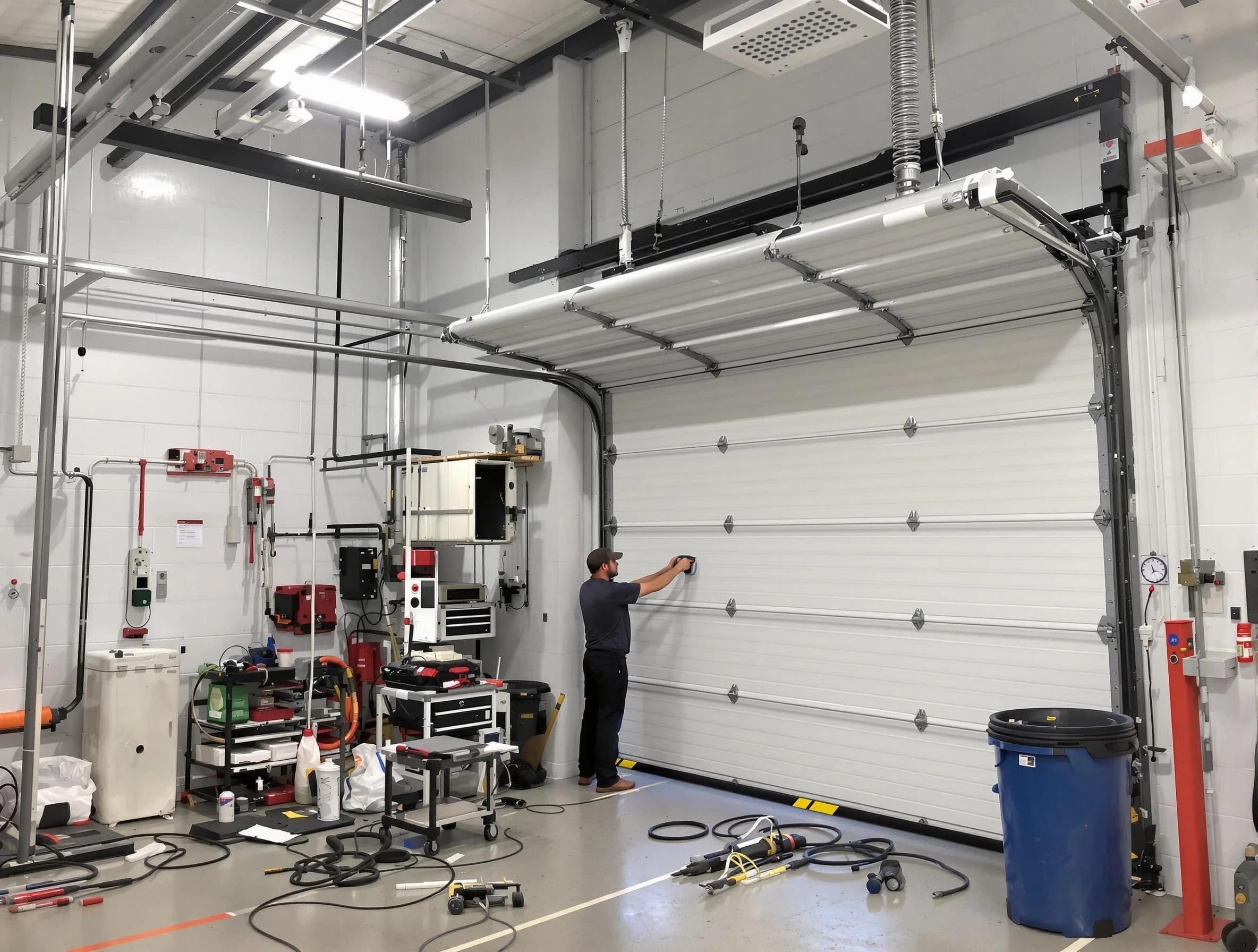 Calera Garage Door Repair certified technician performing commercial door repair at a Calera business facility