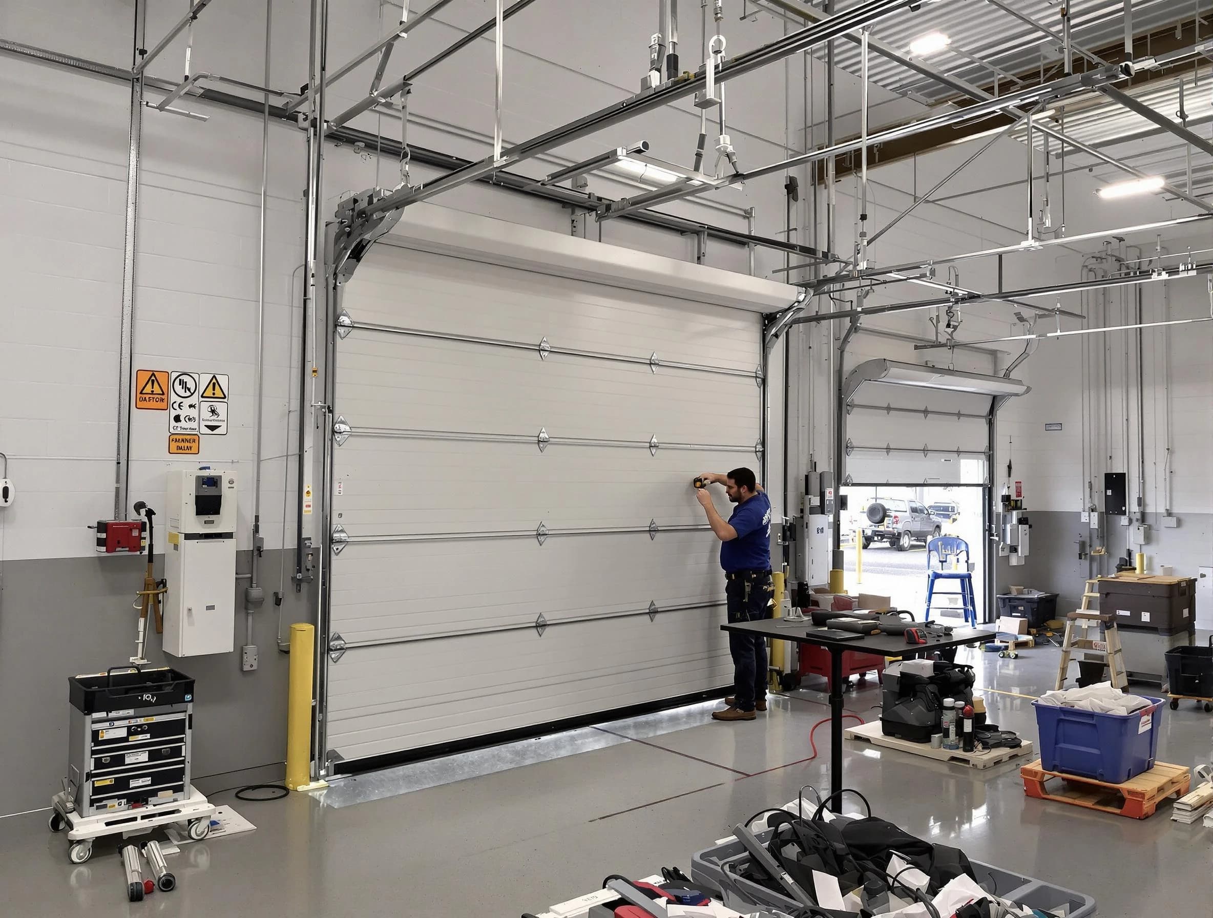 Commercial garage door repair being performed by Calera Garage Door Repair expert in Calera