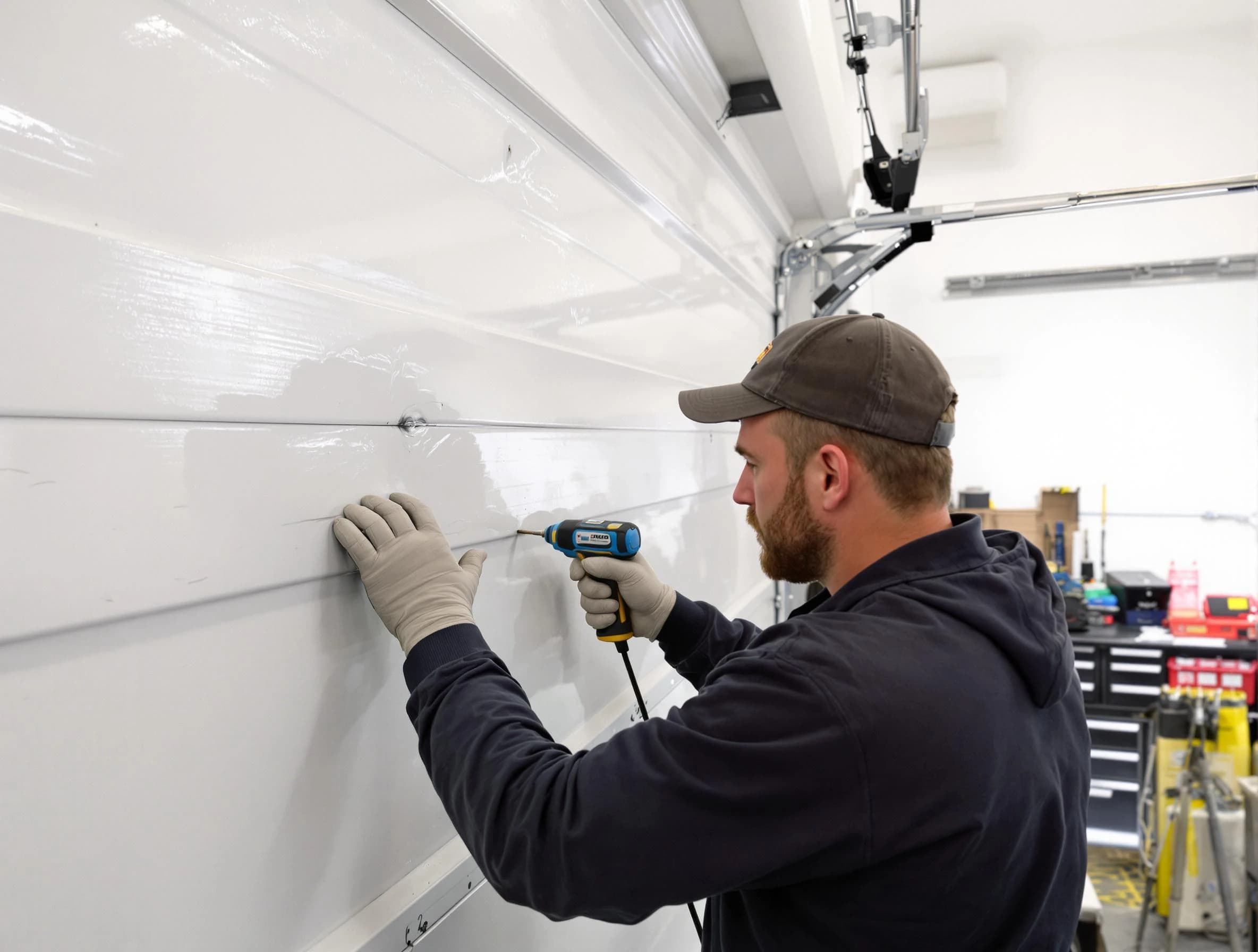 Calera Garage Door Repair technician demonstrating precision dent removal techniques on a Calera garage door